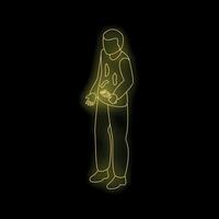 Man using a mobile phone with glowing neon effect on black background vector