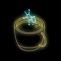 Neon coffee cup with caffeine molecule emerging, representing energy and addiction vector