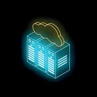 Cloud computing isometric server room neon symbol representing data storage and processing vector
