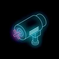 Neon isometric security camera detecting with crosshair target symbol on black background vector