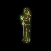 Businessman using mobile payment app neon sign on black background vector