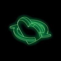 Green neon heart with rotating circular arrows on black background vector
