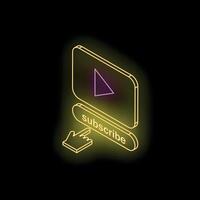 Neon yellow subscribe button with hand cursor clicking and play button, isometric view vector