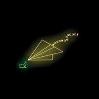 Glowing paper airplane leaving a trail of light and a green arrow pointing towards it on a dark background vector