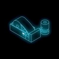 Industrial label printing and rewinding machine with roll of labels, isometric neon icon on black background vector