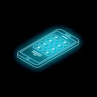 Neon blue smartphone showing mobile apps in isometric view vector