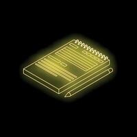 Glowing neon notepad and pencil on black background vector