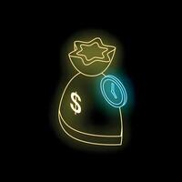 Neon money bag with clock showing time is money vector