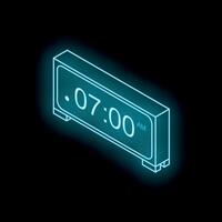 Neon blue digital alarm clock displaying 7,00 am on black background vector