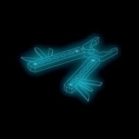 Futuristic neon multi tool showing blades and pliers glowing in dark background vector