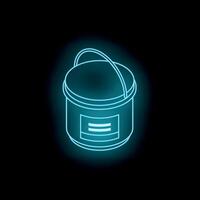 Glowing neon paint bucket on dark background, isometric view vector