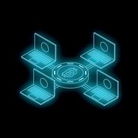 Bitcoin cryptocurrency connecting with laptops in digital network vector