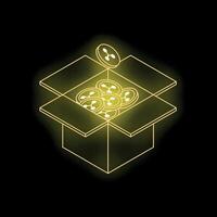 Open cardboard box with glowing cryptocurrency coins inside on black background vector