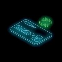Credit card showing money transfer with rotating arrows in neon style vector