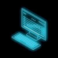 Glowing computer showing charts on screen with keyboard in dark background vector