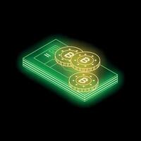 Bitcoin cryptocurrency coins lying on stack of paper banknotes glowing neon style vector