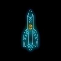 Neon rocket is flying, showing bitcoin cryptocurrency growth vector