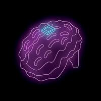Neon purple brain receiving microchip implant, technological singularity concept vector