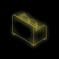 Glowing yellow neon sofa icon on black background representing comfort and relaxation vector