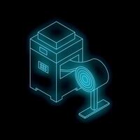 Industrial 3d printer creating an object from roll filament with futuristic neon blue glow vector