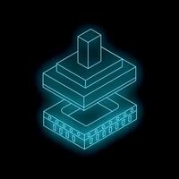 Futuristic glowing microchip connecting with digital platform, isometric neon illustration vector