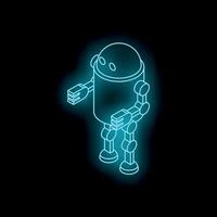 Neon blue robot standing on black background vector