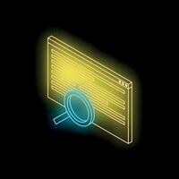 Neon magnifying glass exploring code on computer screen vector