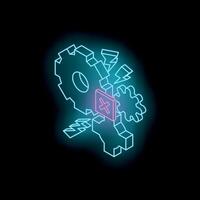 Neon cancel symbol stopping gears and cogs in isometric view vector