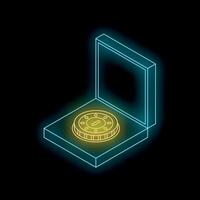 Glowing neon casino chip in open box on black background vector