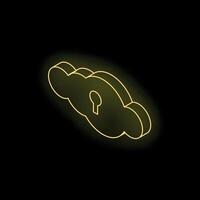 Neon yellow cloud computing security keyhole icon on black background vector