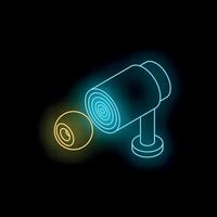 Neon cctv security camera observing and recording on black background vector