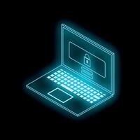 Glowing laptop showing login screen with padlock icon symbolizing secure access vector