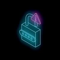Neon padlock showing attention sign for security warning vector