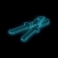 Glowing wire stripper pliers on dark background, electrician tool in neon light style vector