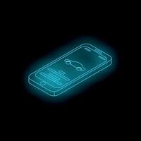 Smartphone showing car sharing app with futuristic neon blue glow on black background vector