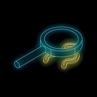 Magnifying glass investigating neon question marks on dark background vector