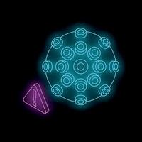 Glowing neon virus cell with exclamation point warning sign on black background vector
