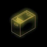 Neon yellow archive box storing files on black background vector