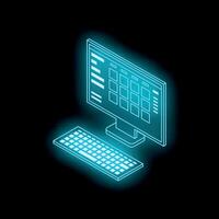 Neon blue desktop computer with keyboard showing spreadsheet software on black background vector