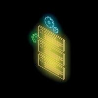 Neon server updating with rotating gears and refresh icon vector