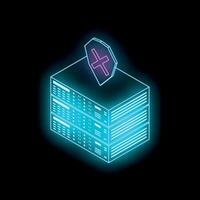 Server rack is protected by shield with cross sign in futuristic neon style vector