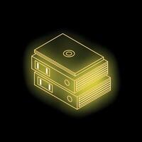 Glowing neon office binders stacked on black background vector