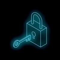 Glowing key unlocking neon padlock on dark background vector