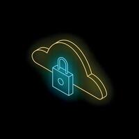 Neon padlock securing cloud data storage in isometric view vector