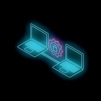Secure connection between two laptops sharing data with a padlock vector