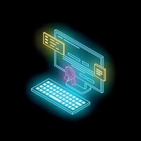Neon colored computer showing award winning online education platform vector