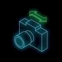 Glowing neon camera icon increasing size with arrows on black background vector