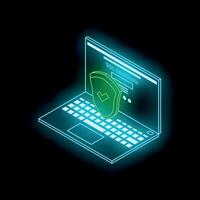 Secure certificate with checkmark and shield floating above keyboard of neon laptop vector