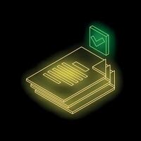 Neon documents stack with green check mark on black background vector