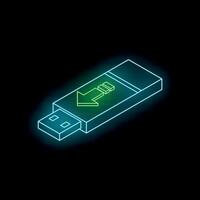 Neon usb flash drive showing downloading data progress isometric view vector
